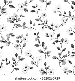 Watercolor small black and white floral vines on a white background, tiny flower seamless pattern vector illustration, doodle summer, kids and baby designs for print fabric.
