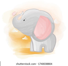 Watercolor of A Small Elephant with Pink Butterflies