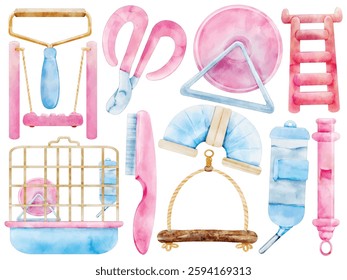 Watercolor Small Pet Accessories Illustration Set, Cage, Water Bottle, Exercise Wheel, Ladder, Rope Toy, Grooming Brush, Play Tunnel, Triangle Swing, Hand Painted, Cute, Colorful
