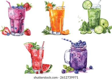 Watercolor smoothie and juice set. Green detox, berry blend, tropical juice, carrot mix, and lemon ginger water

