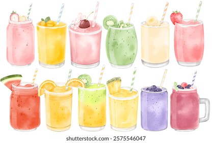 Watercolor Smoothies and Juices Illustration: Featuring Fruit Smoothies, Juices, and Colorful Drinks for Creative Food-Themed Projects, Culinary Art, and Beverage Designs