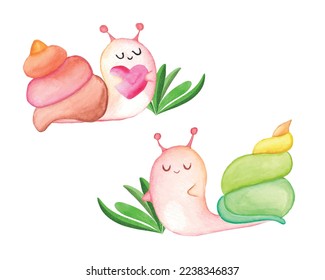 Watercolor snail clipart set, cute garden snail illustration