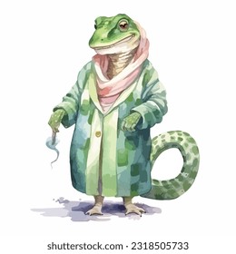 watercolor snake wearing clothes playful funny white background isolated. vector and illustration.