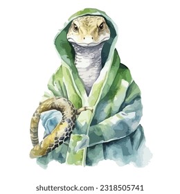 watercolor snake wearing clothes playful funny white background isolated. vector and illustration.