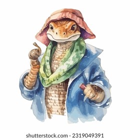 watercolor snake wearing clothes playful funny white background isolated. vector and illustration.