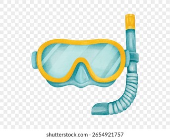 Watercolor snorkeling mask blue yellow summer beach activity accessory isolated. Vector.