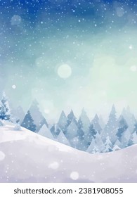 Watercolor snow winter background .Beautiful watercolor winter background  with snow,forest and natural background.Watercolor winter background for greeting card and wallpaper.Snowy winter