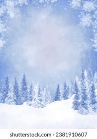 Watercolor snow winter background .Beautiful watercolor winter background  with snow,forest and natural background.Watercolor winter background for greeting card and wallpaper.Snowy winter