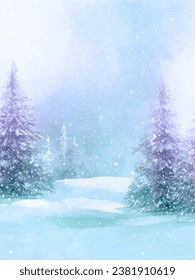 Watercolor snow winter background .Beautiful watercolor winter background  with snow,forest and natural background.Watercolor winter background for greeting card and wallpaper.Snowy winter