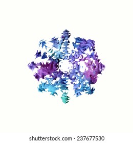 Watercolor snowflake. Christmas card.
