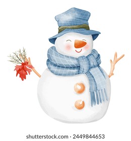 Watercolor snowman with blue hat and scarf on white background.