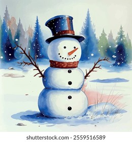 Watercolor snowman drawing illustration. Merry Christmas vector painting. Happy New Year gift card. Winter landscape. Holidays background.Poster wall mural art. Picture for home decoration.Let it snow