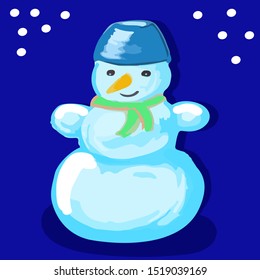 Watercolor snowman. Hand-drawn smiling winter character made of snow. Blue isolated background. Vector design