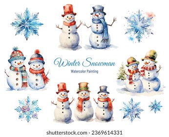 Watercolor Snowmans set collection, Vector illustration of Snowmans And Snowflakes in vintage watercolor style,Vector illustration of Snow man in vintage watercolor style, christmas and winter element