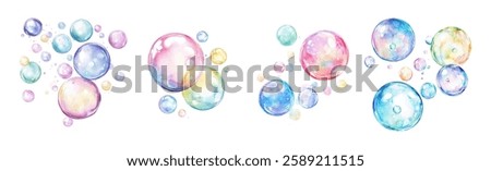 Watercolor soap bubbles. Soap bubbles in flight. Set of colorful soap bubbles on an isolated white background. Vector illustration.