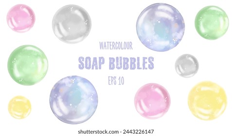 Watercolor soap bubbles. Set. Vector illustration on a white background