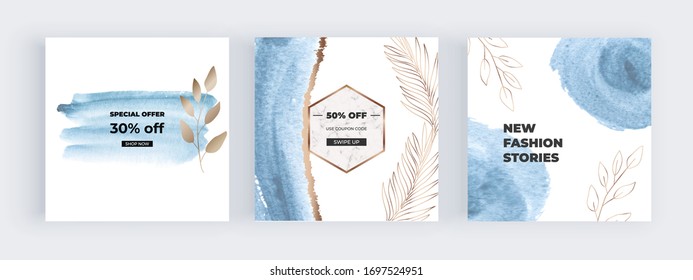 Watercolor social media banners with blue shapes gold leaves.  Modern geometric neutral template for flyer, card