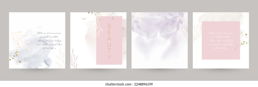 Watercolor social media post templates in pastel lilac pink colors. Floral design for wedding, jewelry, cosmetic, fashion, makeup.