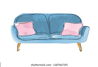 Watercolor Sofa Illustration. Hand Drawn Interior Design Element. 