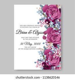 Watercolor soft silk burgundy dark red maroon peony wedding invitation vector floral template