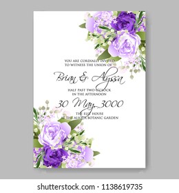 Watercolor soft silk violet peony wedding invitation vector floral template