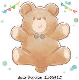 Oso de juguete suave color agua. Ilustración vectorial.