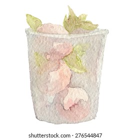 Watercolor Sorbet or ice cream watermelon or strawberry with mint in glass. Hand drawn eps10