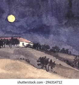 Watercolor southern night landscape. Hand painting. Illustration for greeting cards, invitations, and other printing projects.