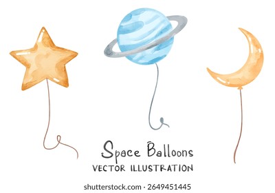 Conjunto de balões do espaço de aquarela. Planeta de Saturno, estrela e balão da Lua. Elementos vetoriais bonitos adequados para berçário, festa de aniversário, impressão para cartão de convite, design de cartaz.