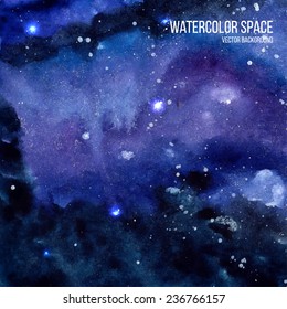 Watercolor space texture with glowing stars. Cosmic background with paint strokes and swashes. Vector illustration.