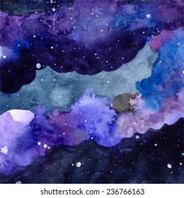 Watercolor space texture with glowing stars. Night starry sky with paint strokes and swashes. Vector illustration.