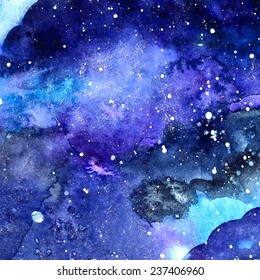 Watercolor space texture with glowing stars. Night starry sky with paint strokes and swashes. Vector illustration.