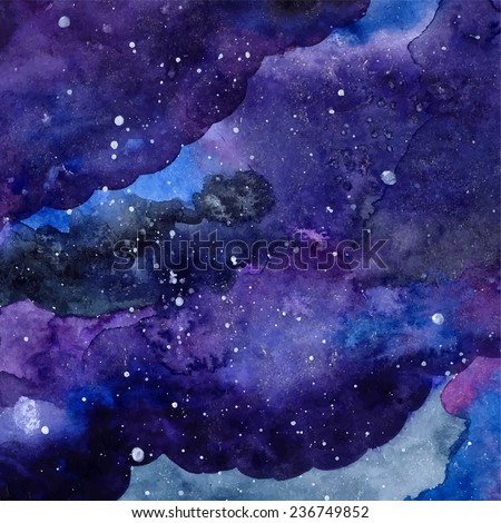 Watercolor space texture with glowing stars. Night starry sky with paint strokes and swashes. Vector illustration.
