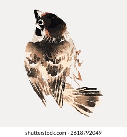 Watercolor sparrow illustration, featuring a sparrow with brown and beige tones. The sparrow's delicate feathers and soft colors create a gentle, artistic effect. Vintage bird illustration vector.