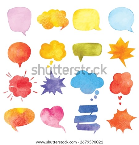 Watercolor Speech Bubble Frame - Cute colorful chat balloon, cloud sketch thoughts, sketch caption frame for message, quote, conversation text... isolated on white background.