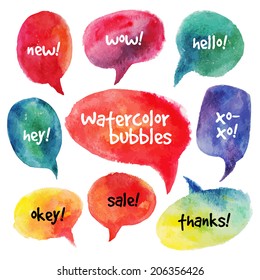 Watercolor speech bubbles set. Vector illustrations