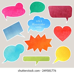 Watercolor speech bubbles set. Vector illustrations