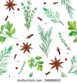 Watercolor spices seamless pattern. Hand drawn food texture with rosemary, thyme, anise, pepper,  dill, parsley. Background with artistic objects on white