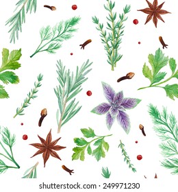 Watercolor spices seamless pattern. Hand drawn food texture with rosemary, thyme, anise, pepper,  dill, parsley, basil. Background with artistic objects on white