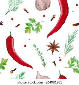 Watercolor spices seamless pattern. Hand drawn food texture with rosemary, thyme, anise, red pepper, chili pepper, garlic, dill, parsley. Background with artistic objects on white