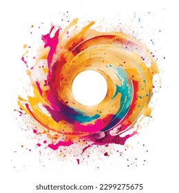 Watercolor spiral splash splatter stain brush strokes on white background. Modern vibrant round aquarelle spot. Vortex. Trendy bright isolated design on white. Element. Vector watercolor illustration.