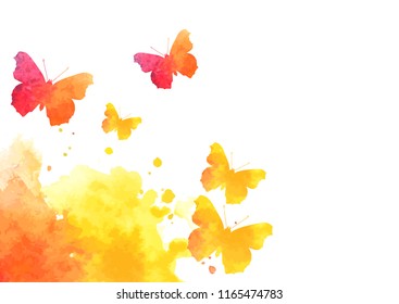 watercolor splash background with flying butterflies. vector illustration