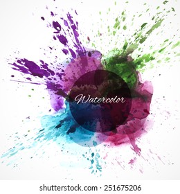 Watercolor splash background. Grunge abstract background. Colorful water texture. Vector handmade elements. Colorful advertising background. Purple, green, pink background. Watercolor stamp.