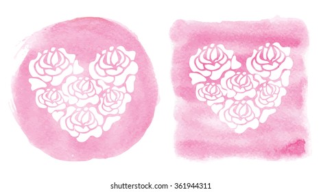Watercolor splash background.Valentine,wedding day design template.Vector Hand painted artistic texture,shape,label.Vector holiday card.Flowers in heart shape.Cute Illustration,circle,square texture.
