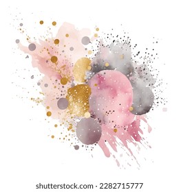 Watercolor splash blot splatter stain artistic pattern. Gold glitters. Pinkgray  watercolor brush stroke, circles. Beautiful trendy textured hand drawn vector illustration.  Isolated design on white.