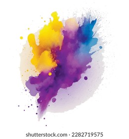 Watercolor splash blot splatter stain in blue yellow violet colors. Watercolor brush strokes. Beautiful modern hand drawn vector illustration. Isolated colorful bright pattern on white background.