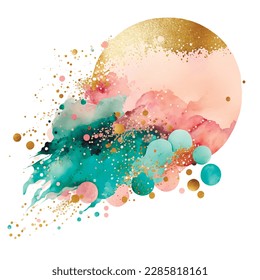 Watercolor splash blot splatter stain. round pattern. Gold glitters. Colorful watercolor brush stroke, circle. Abstract moon clouds. Textured hand drawn vector illustration.  Isolated design on white.