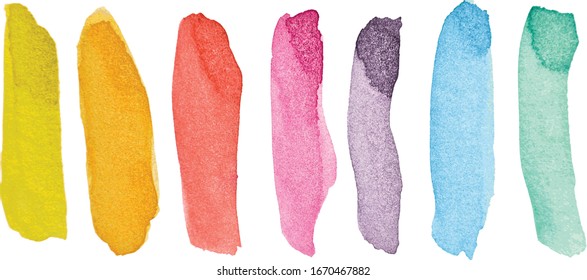 Watercolor splash brushstroke, colorful palette, background, hand drawn, hand painted, texture, vector isolated on white