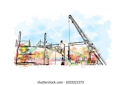 Watercolor splash with Hand drawn sketch illustration of construction work with crane in vector.