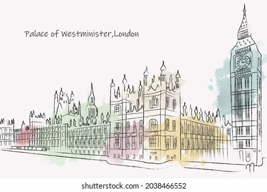 Its  a watercolor splash hand drawn sketch of palace of west minister and big ben to